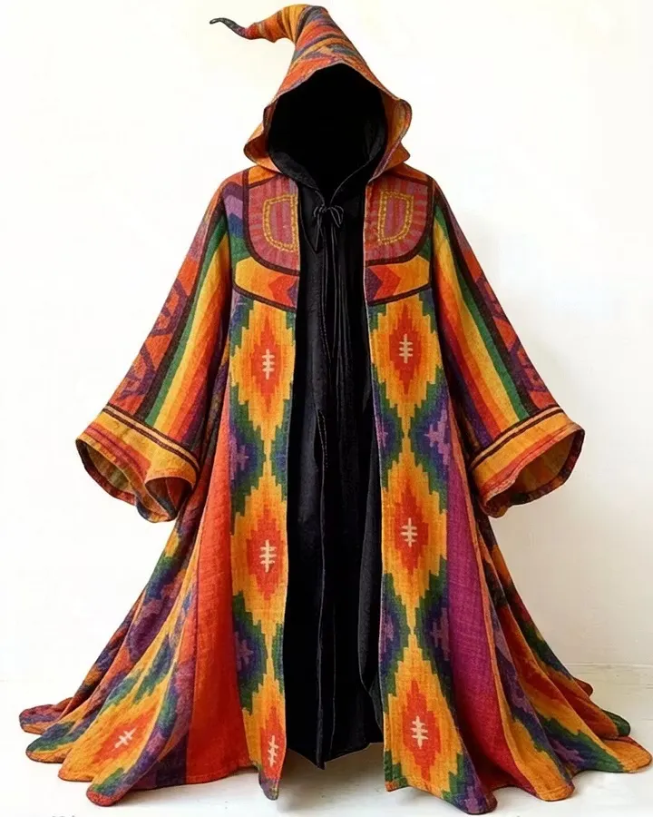 Men's Fashion Rainbow-Colored Linen Hooded Cape 4493