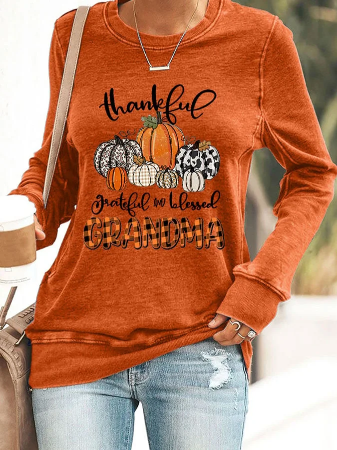 Women'S Thankful Grateful And Blessed Grandma Print Long Sleeve Sweatshirt