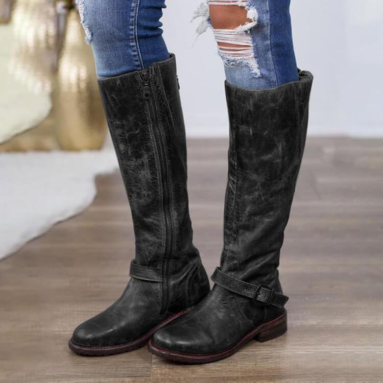 VCSHOES Leather Zipper Low Heel Knee High Boots