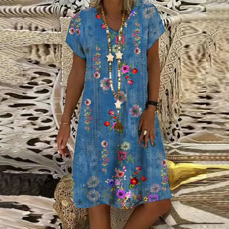 Blue Floral Print V-Neck Mini Dress