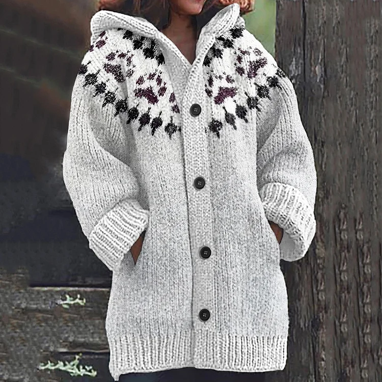 Dog Paw Print Knitted Hooded Cardigan