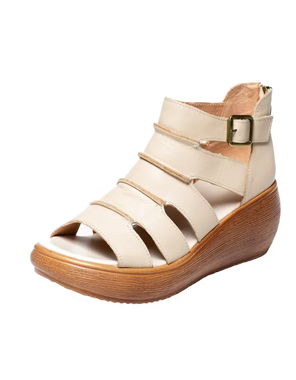 Women's Retro Leather Peep Toe Ankle Strap Sandals