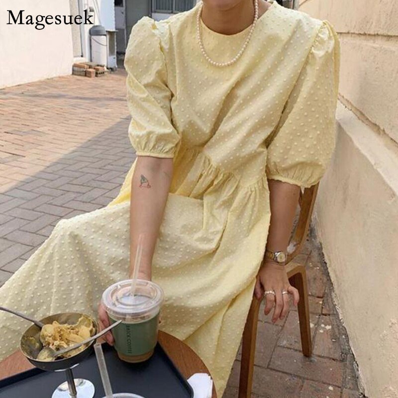 Vinatge Long Dress Women Summer 2022 Casual Puff Sleeve Oversize Dress Women Elegant Yellow Female Dress Loose Vestidos 9941