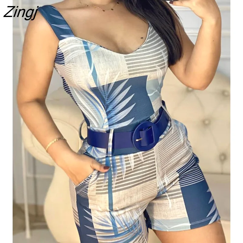 Zingj Women Fashion Summer Thick Strap Tropical Print Skinny Romper Slim Skinny Sleeveless Ladies Clothing Jumpsuits