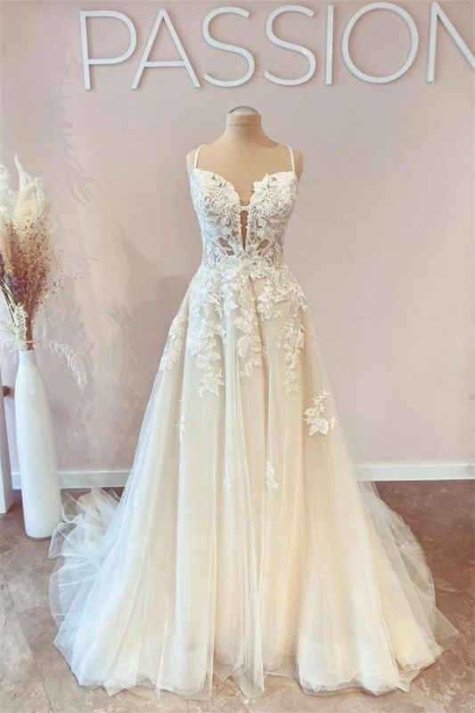 New Arrival Spaghetti-Straps Tulle A Line Lace Wedding Dress Long - lulusllly