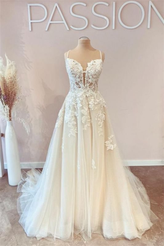 Bellasprom Tulle A Line Lace Wedding Dress Long Spaghetti-Straps