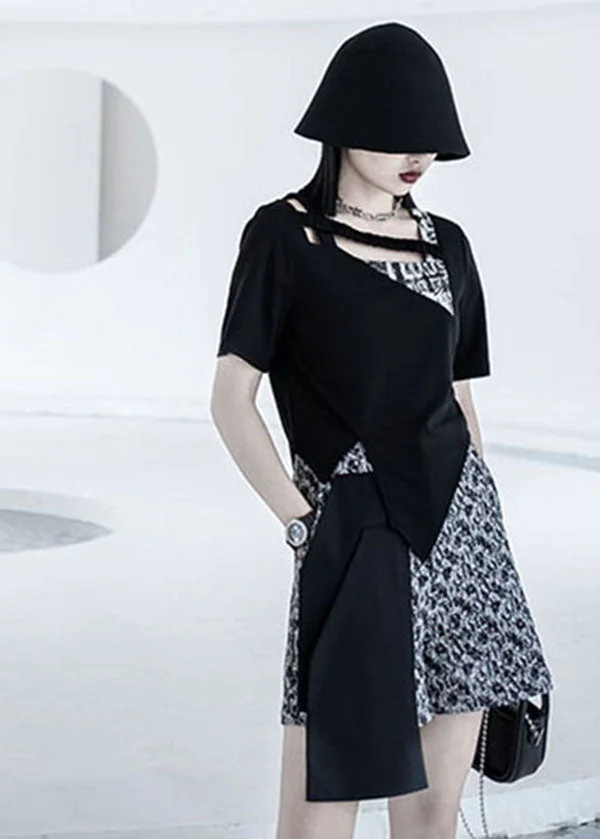 Original Design Black Asymmetrical Design Side Open Patchwork Cotton Top Short Sleeve