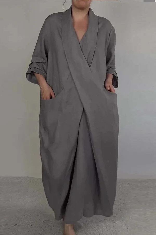Large Pocket V-neck Dress Linen Minimalism Dress