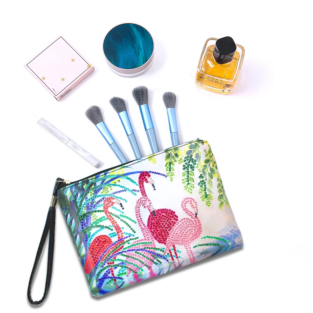 DIY Flamingo Diamond Art Cosmetic Bag Flowers Single Sided PU Women Clutch