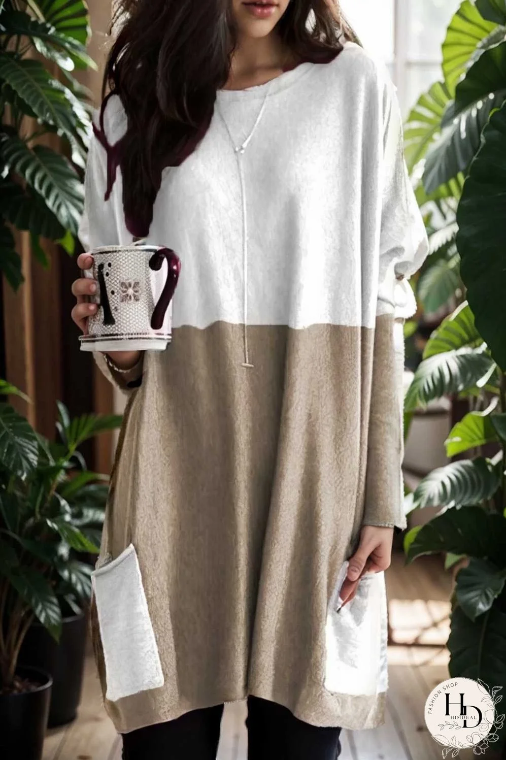 two color stitching pocket loose long sleeve t shirt