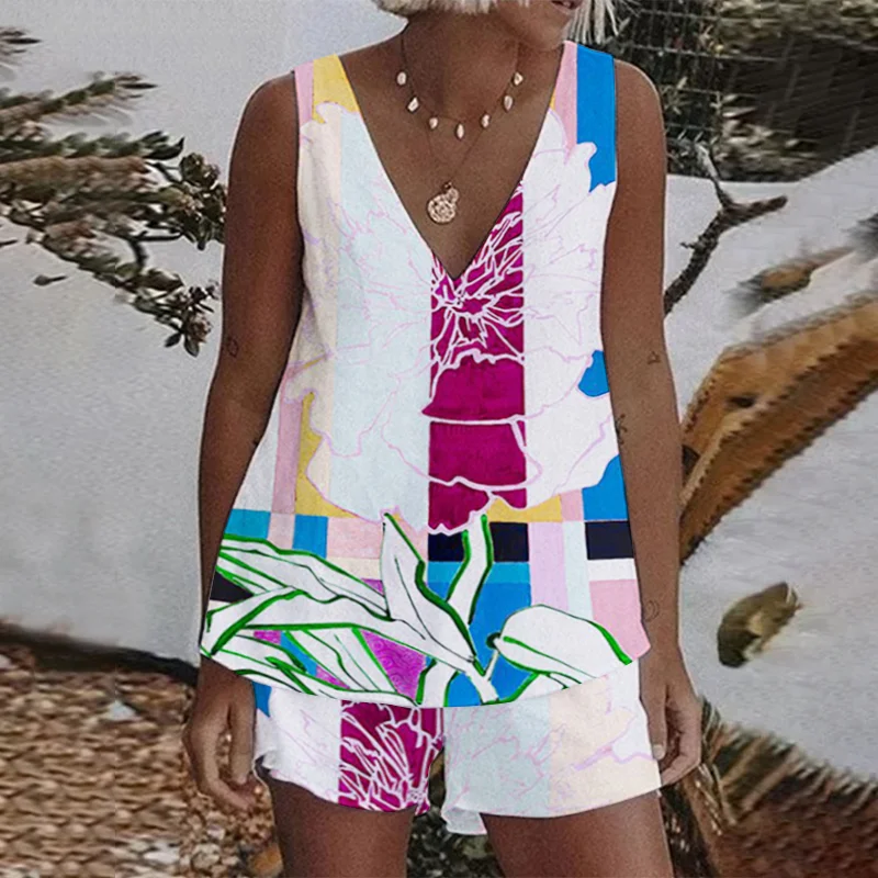 Spring Floral Print V-neck Tank Top