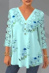 Plus Size Lace Patchwork V Neck Floral Print Blouse