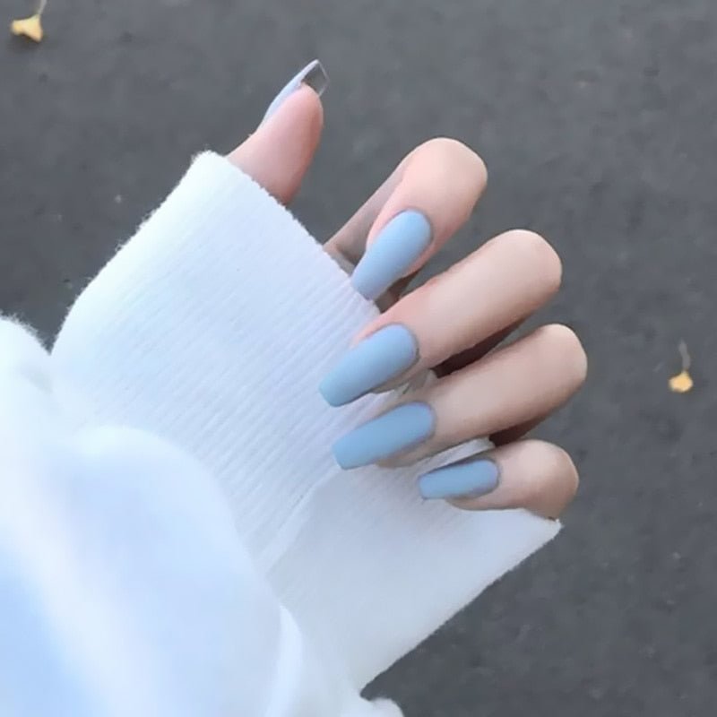 24pcs/box Square Head Fashion Trend Design fake nail press on Blue Pure Color Matte Frosted Ballet Mid-length Wearable Nail tips