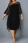 Plus Size Asymmetric Hem Mesh Stitching Midi Dress