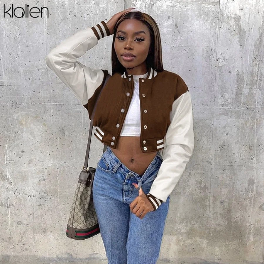 KLALIEN Fashion Casual Streetwear Women Long Sleeve Single Breasted PU Leather Patchwork Coat Sportswear Slim Female Outerwear