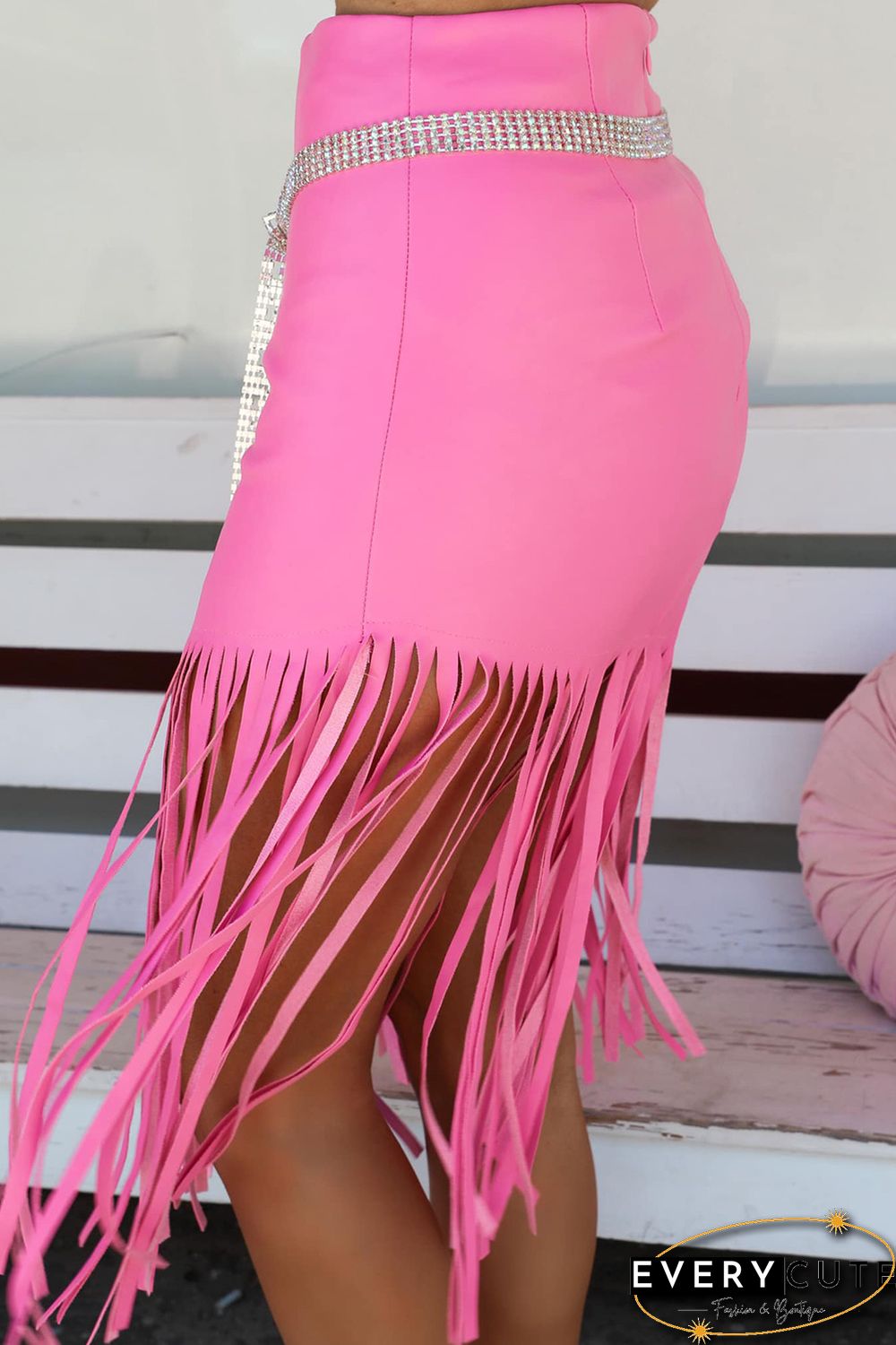 Pink Fringe Hemline Midi Skirt