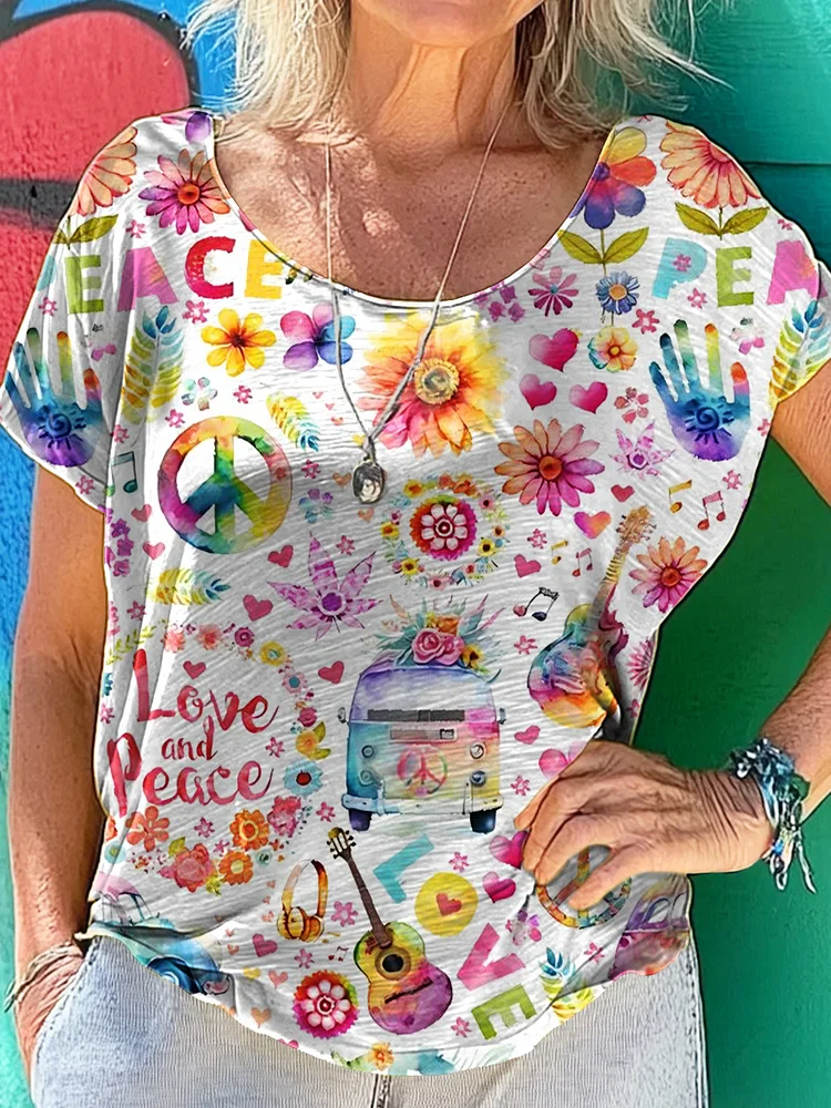 Hippie Art Print 100%Cotton Crew Tee T-Shirt