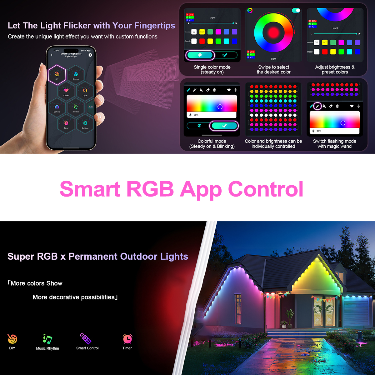 Tegooe Smart RGBIC Permanent Outdoor String Lights IP65 Rated