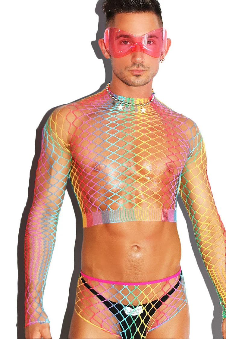 Rainbow Fishnet See-Through Tighter Long Sleeves Two-Piece Sets