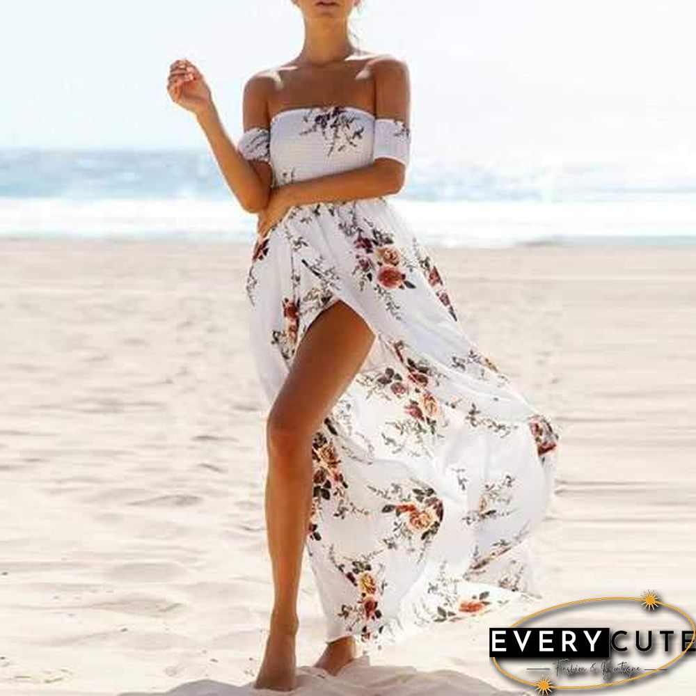 Off The Shoulder Maxi Slit Dress Boho Floral Prints