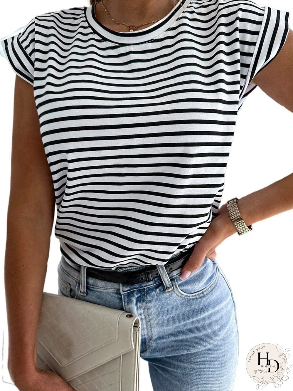 Striped Cap Sleeve Crew Neck Tee