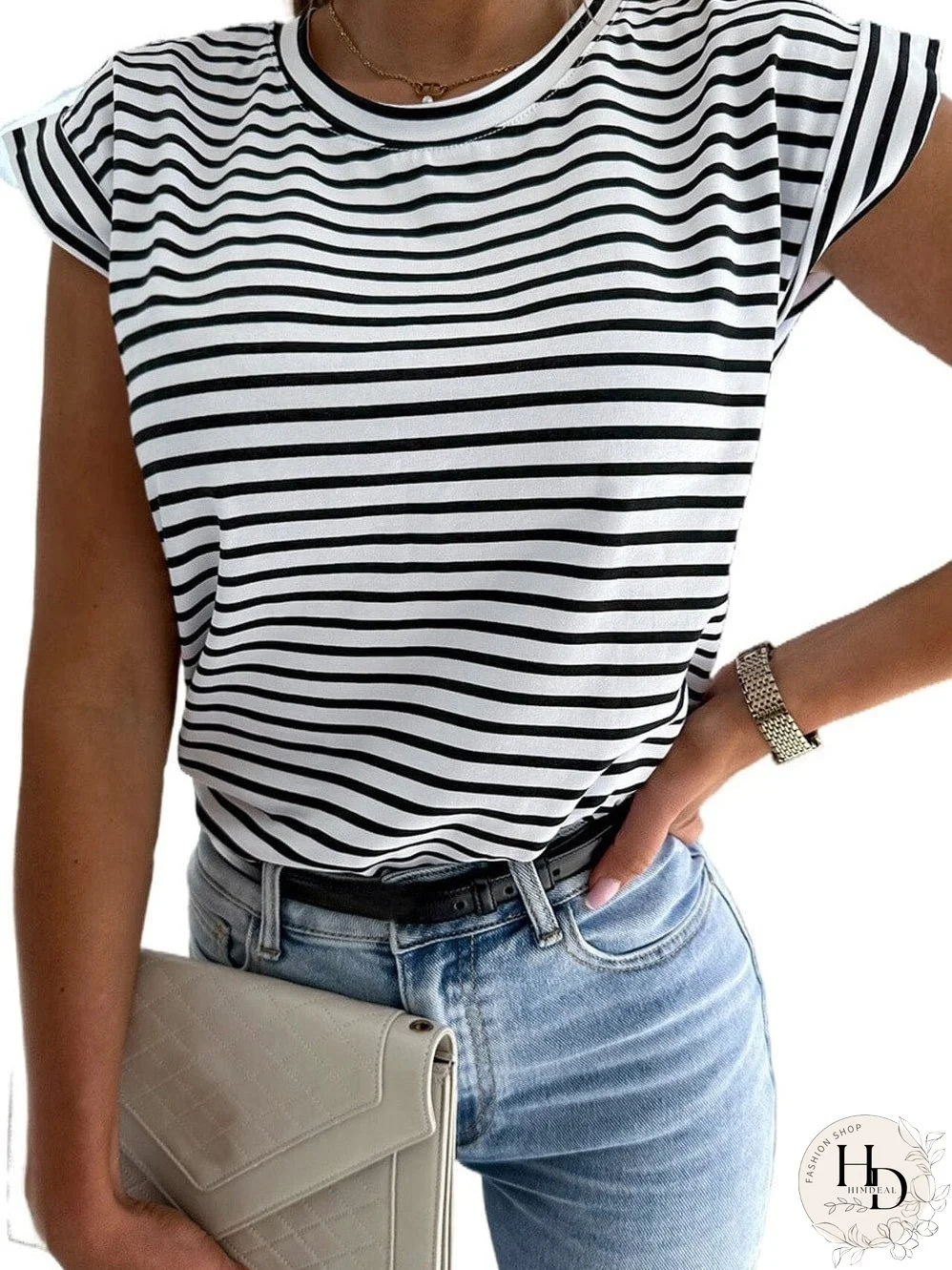 Striped Cap Sleeve Crew Neck Tee