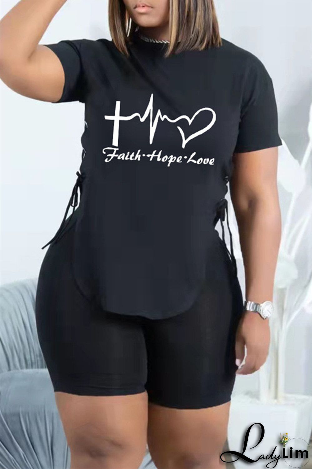 Khaki Fashion Casual Print Bandage Slit O Neck Short Sleeve Two Pieces