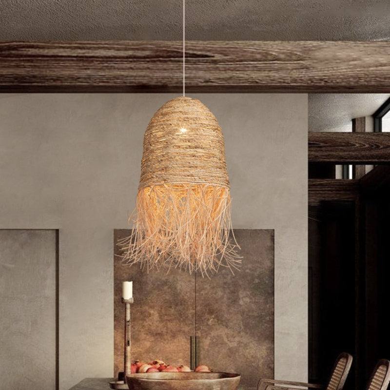 Rattan Weaving Dome Pendant Light Fixture with Fringe