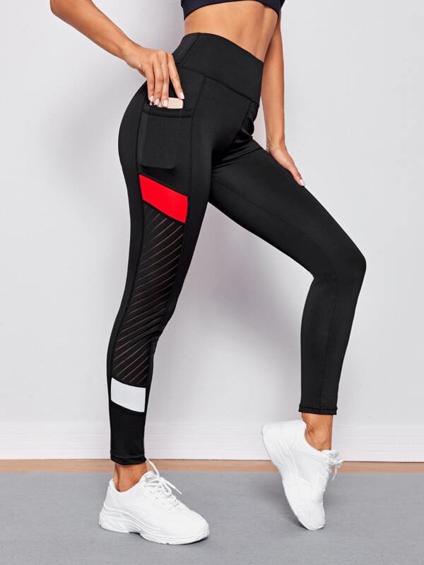 Colorblock Sports Leggings With Phone Pocket