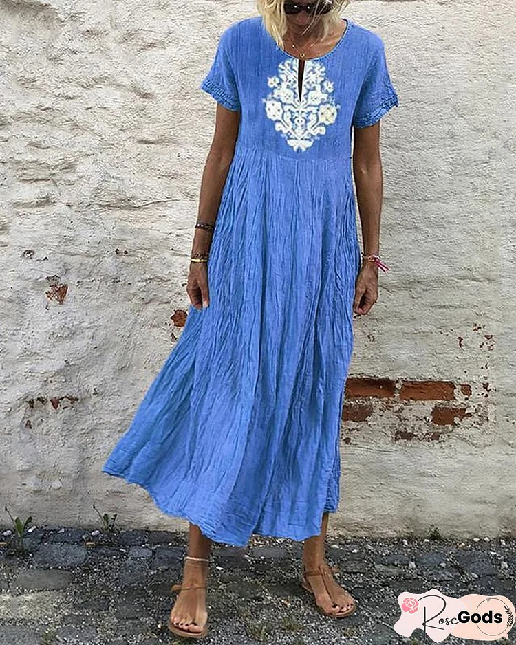 Women's T Shirt Dress Tee Dress Maxi Long Dress Short Sleeve Solid Color Ruched Patchwork Print Fall Spring Casual Vintage Blue Red Yellow Linen