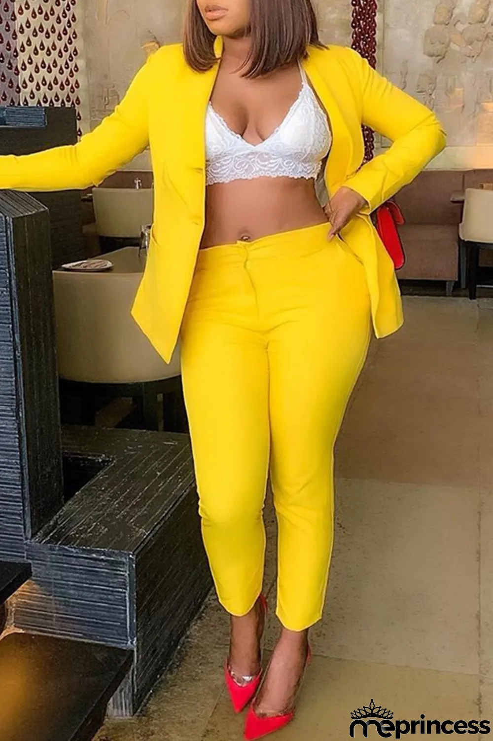 Yellow Fashion Casual Solid Cardigan Pants Turn-back Collar Long Sleeve Two Pieces