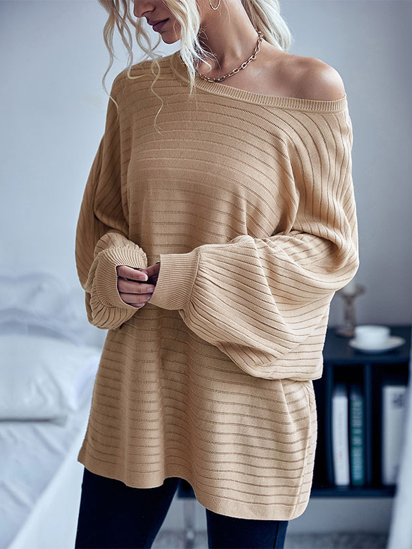 Casual Loose Batwing Sleeves Solid Color Round-Neck Sweater Tops KHAKI-S