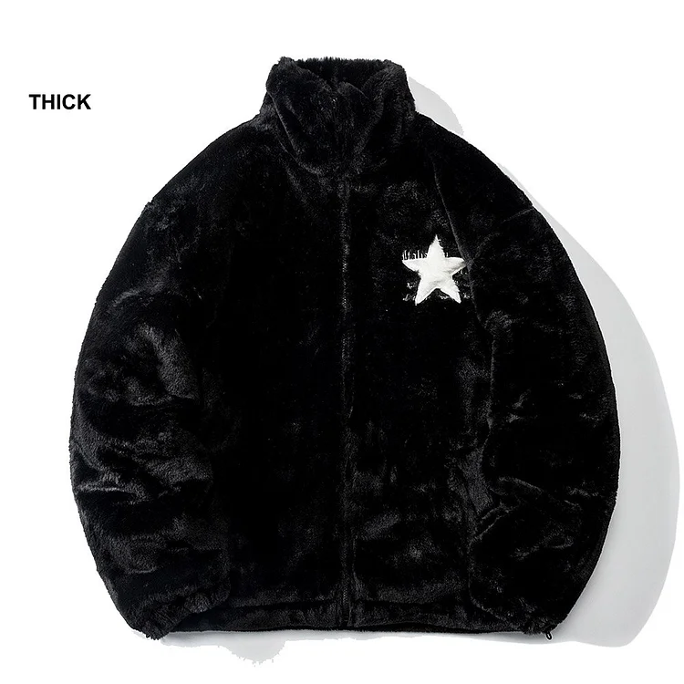 Men's Rabbit Fur Jacket Coats Hip Hop Retro Letter Stars Graphic Fleece Jacket Streetwear Casual Autumn Zip Up Fashion Outerwear