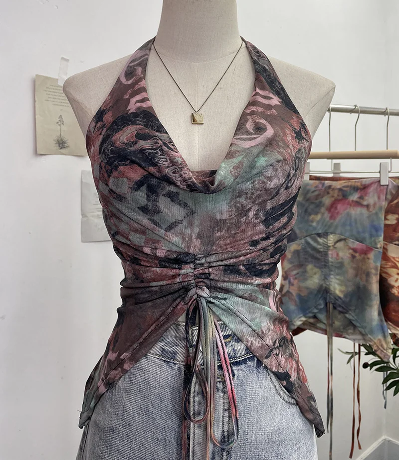 Brownm Real Shooting Holiday Wind Hanging Neck Collar Collar Tidling Strap Sling Vest Tie Mesh Yarn Short Sleeveless Top 9926