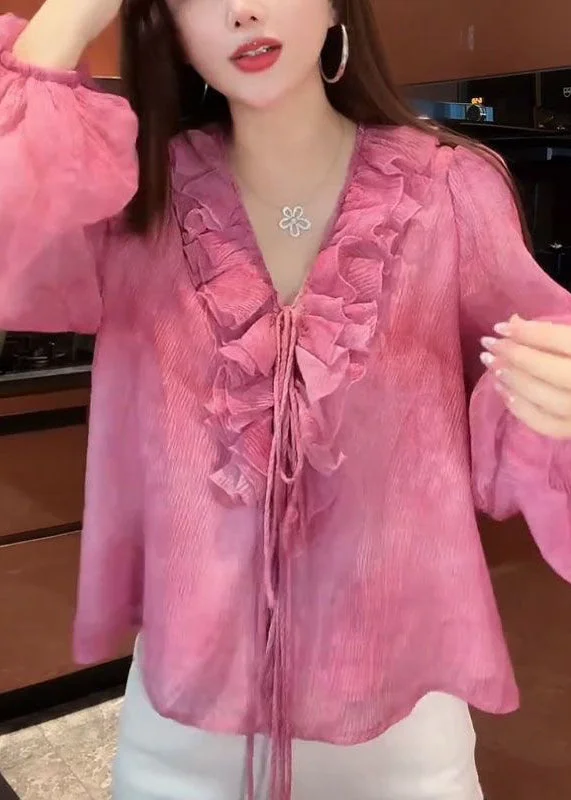 Stylish Pink V Neck Ruffled Lace Up Chiffon Blouse Lantern Sleeve