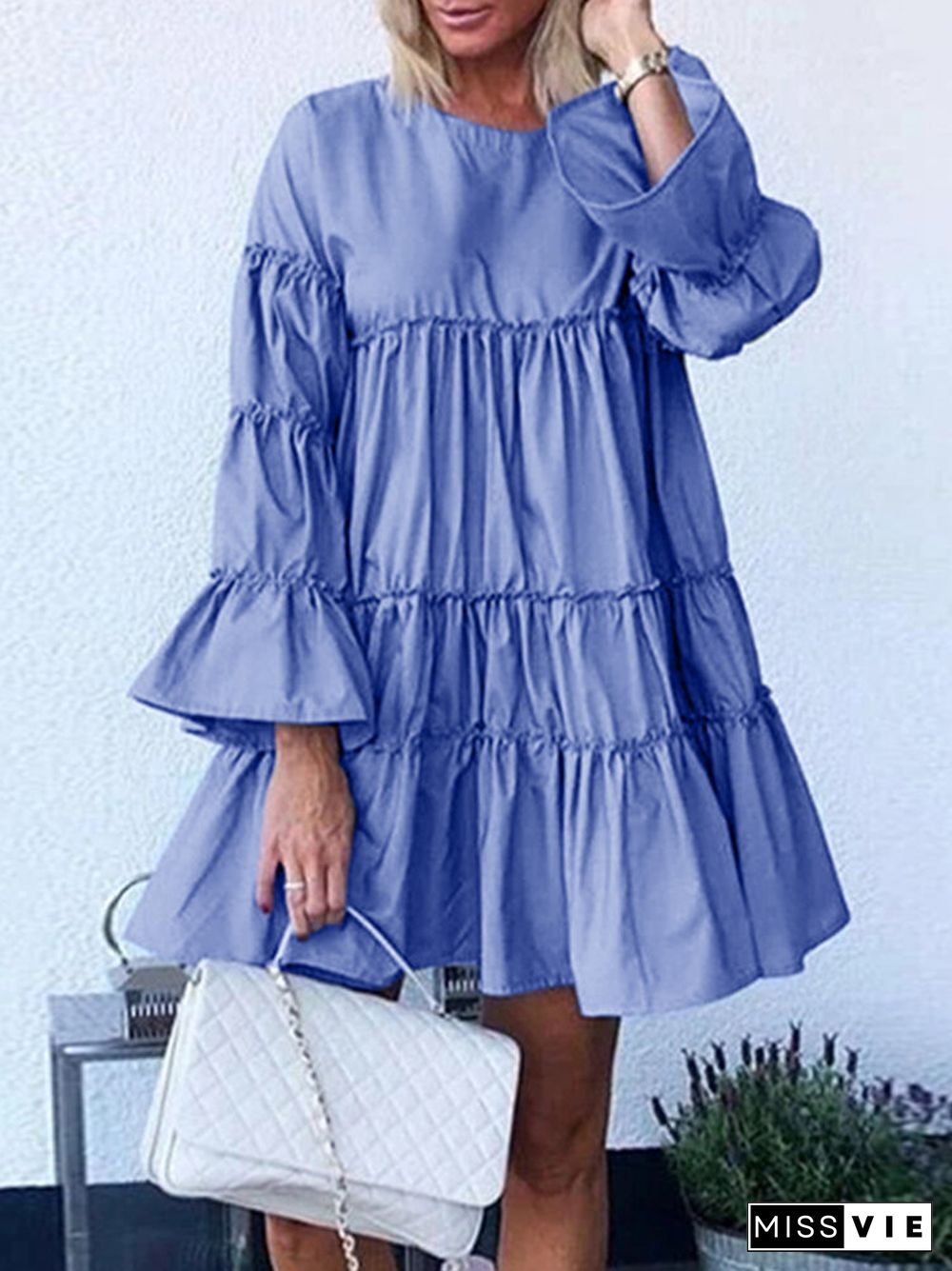 Solid Color O-neck Long Bell Sleeve Casual Layered Dress