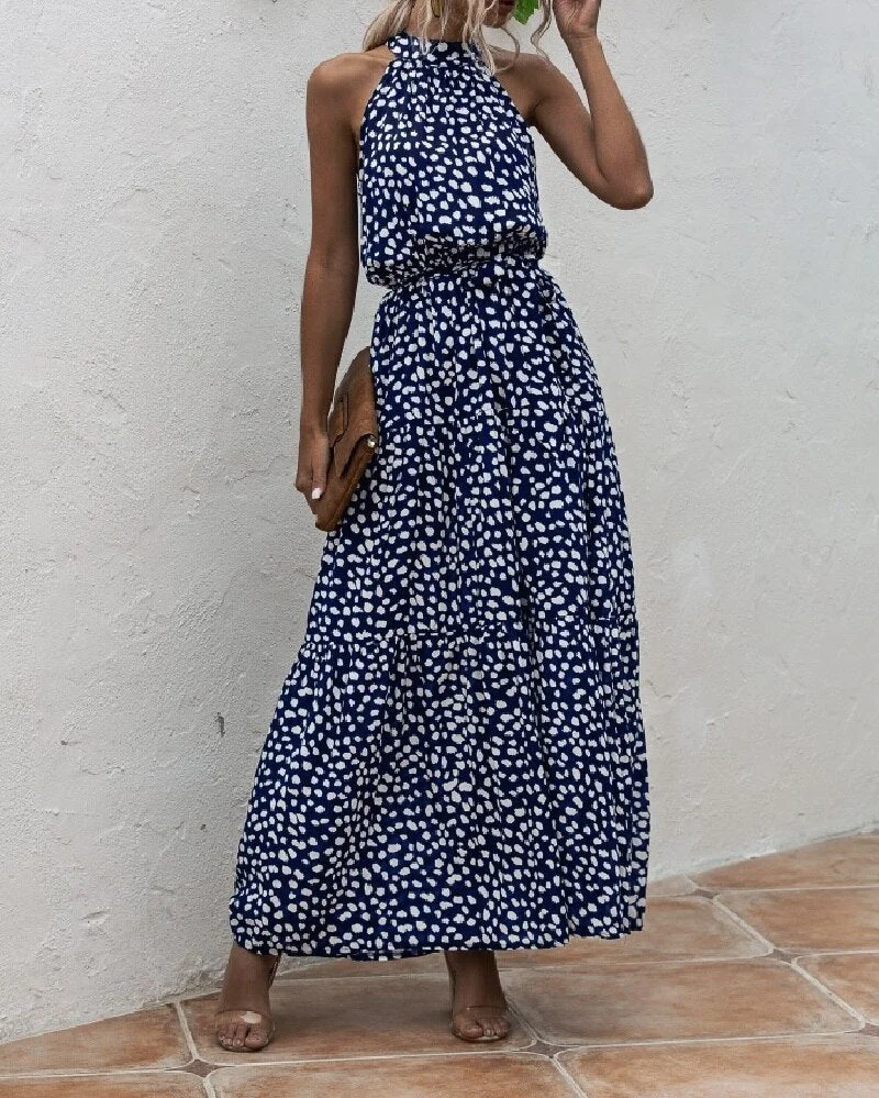 2021 Summer New Elegant Sexy beach long Dress Women Fashion Print Flowers Polka-dot Ladies Halter boho dress women vestidos