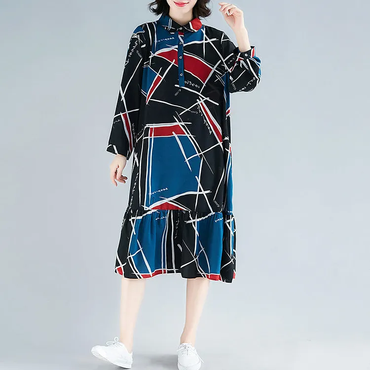 Loose print chiffon clothes For Women Sweets Wardrobes ruffles chiffon lapel collar Dress