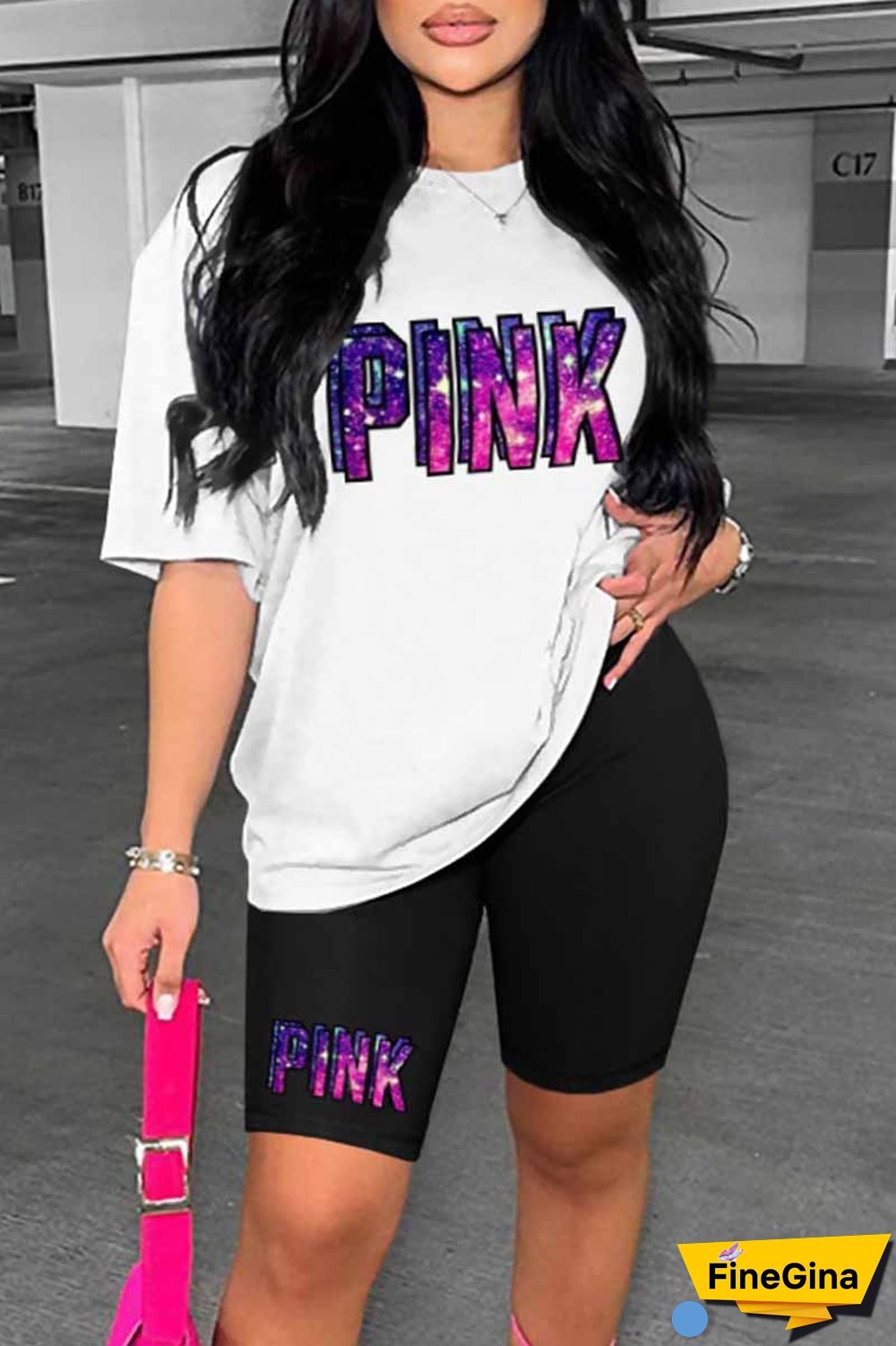 Blue Casual Print Letter O Neck Short Sleeve Two Pieces