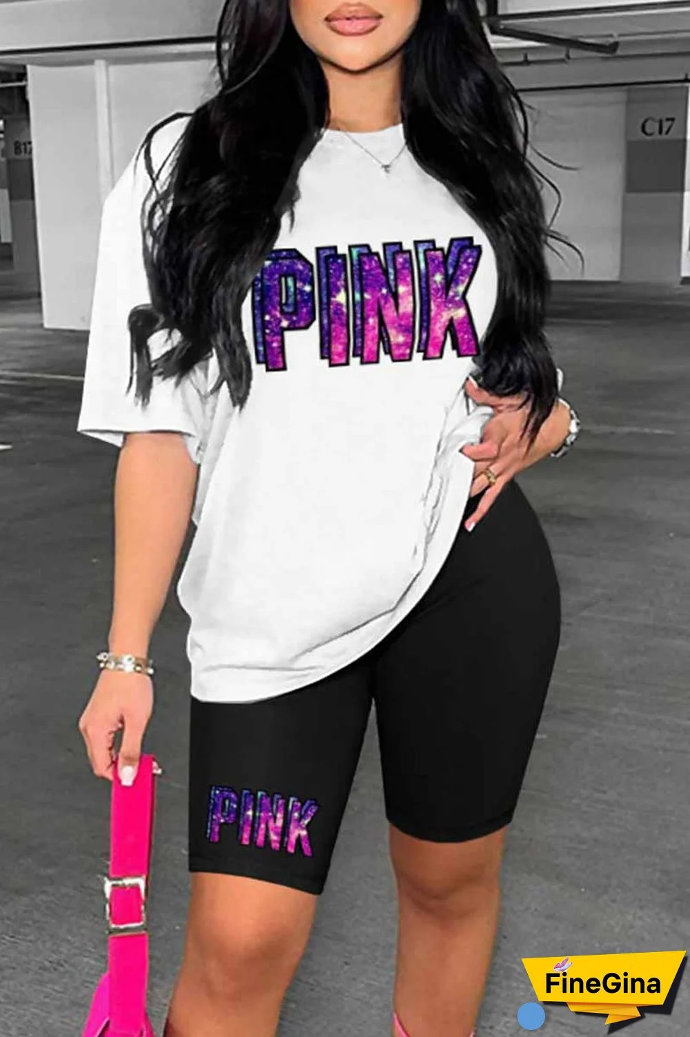 Blue Casual Print Letter O Neck Short Sleeve Two Pieces