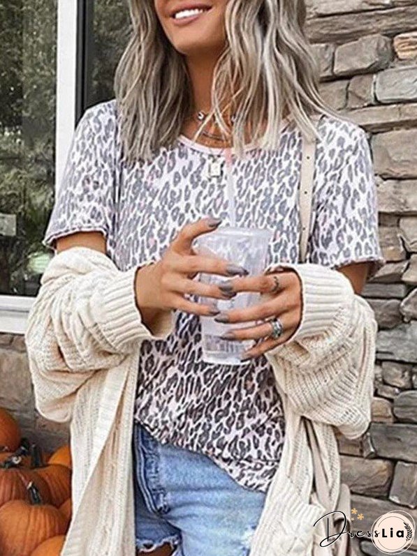 Leopard Print Loose Fit Short Sleeve T-Shirt For Women