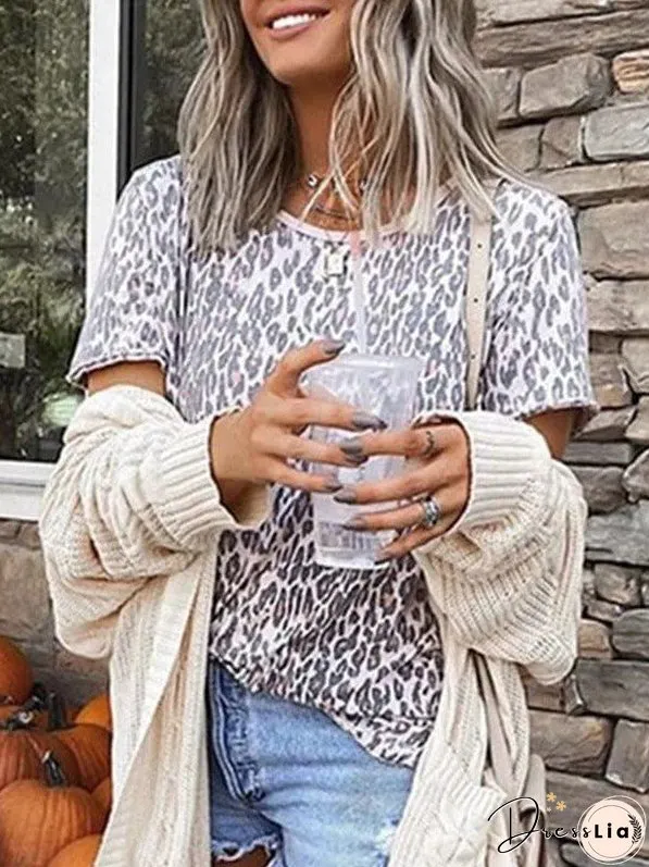 Leopard Print Loose Fit Short Sleeve T-Shirt For Women