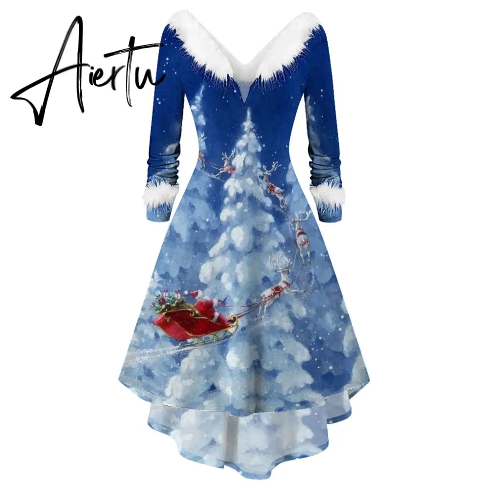 Winter Women Christmas Dress Faur Fax Collar Long Sleeves Cocktail Party Dress Xmas New Year Evening Flowy Elegant Prom Dresses Aiertu