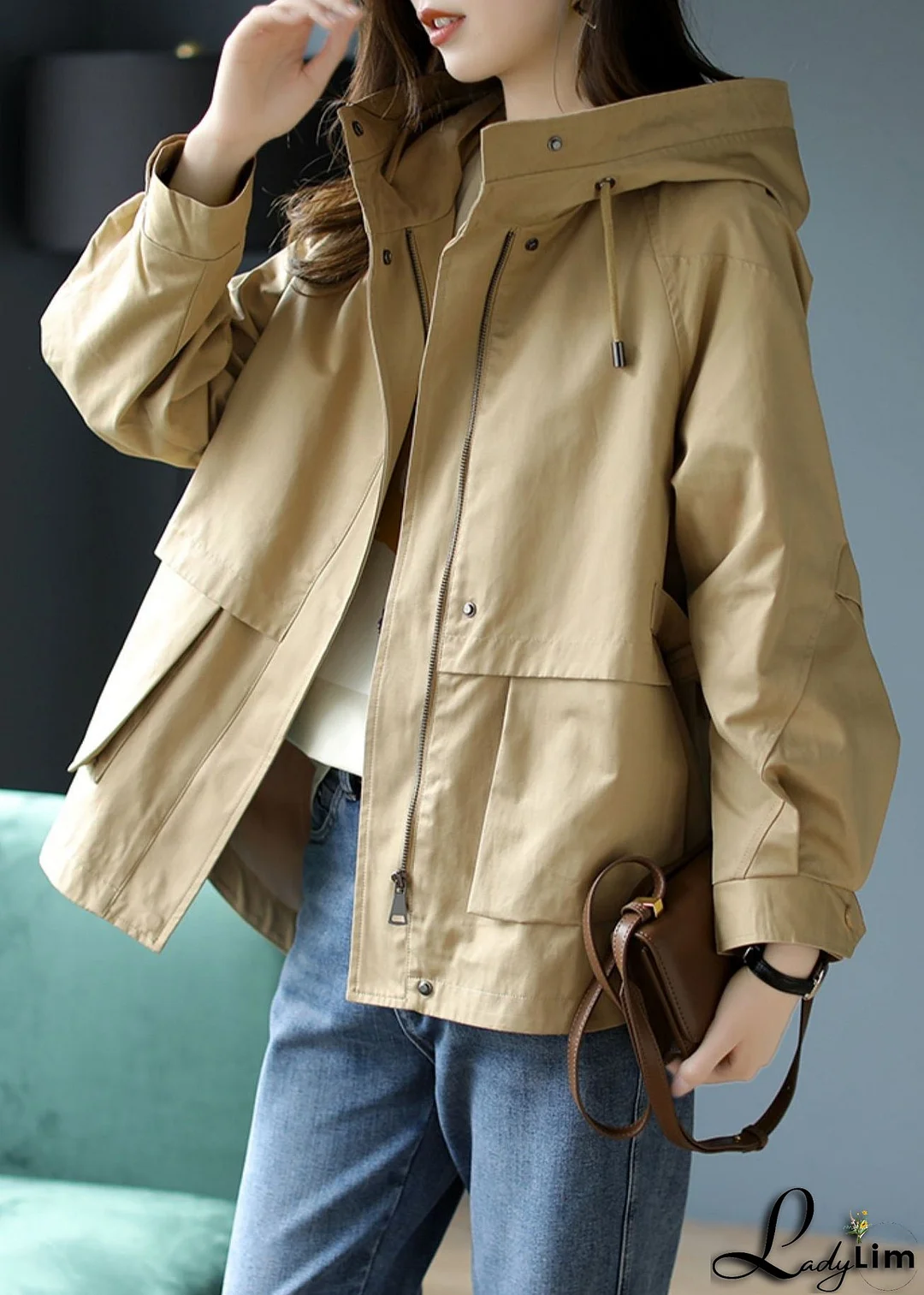 Casual Khaki Hooded Patchwork Cotton Coat Spring