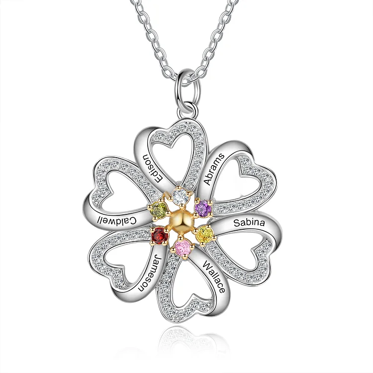 Personalized Flower Heart Necklace with 6 Birthstones Blossom Necklace