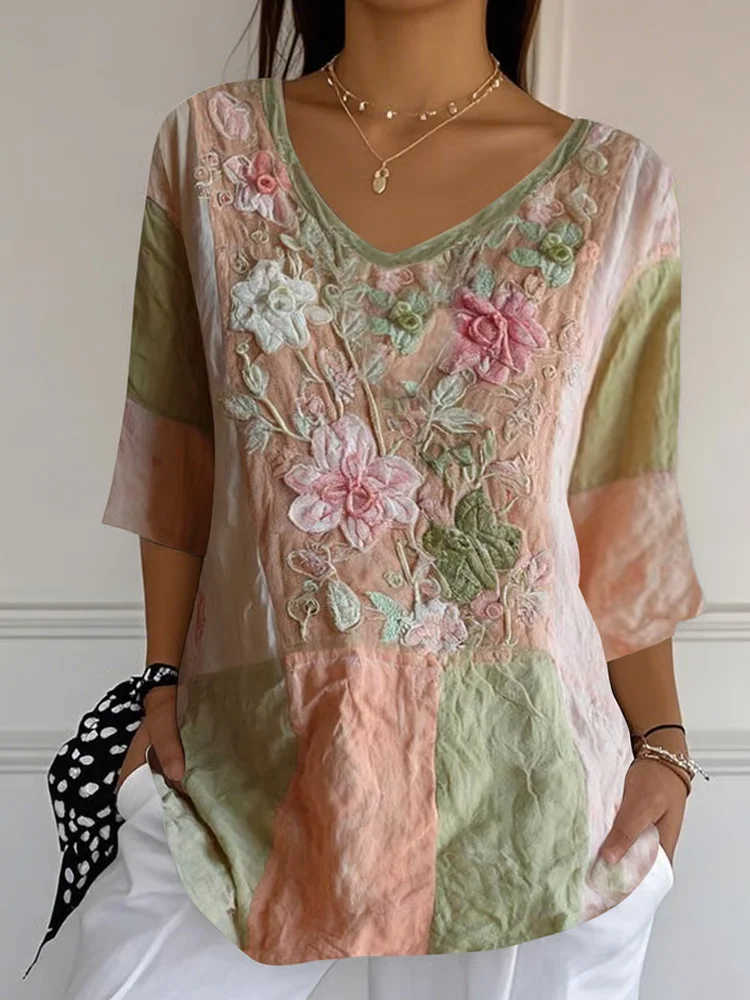 Women's Pink Floral Awareness Embroidery Comfort Shirt