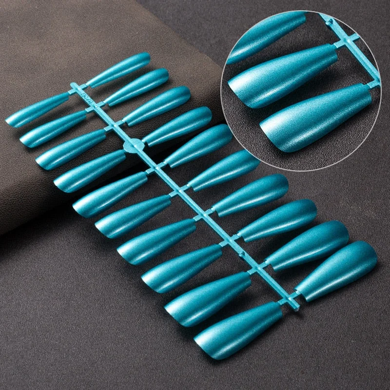 20pcs Matte Mirror Plating Ballet False Nails Blue Green Coffin Fake Nails Ladies Sexy Long Press On Nails Nail Art Decoration