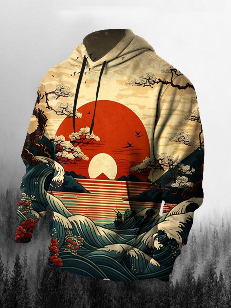 Men's Cherry Blossom Sea Sunset Print Hoodie