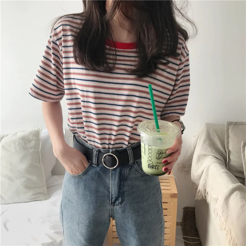 Uveng Uveng 2024 New Striped Short-Sleeved T-Shirt Korean Version Bottom Shirt Women's Student Top Women's Clothing