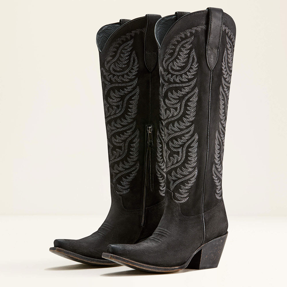 Black Snip Toe Chunky Heel Embroidered Zipper Knee-High Cowgirl Boots Nicepairs